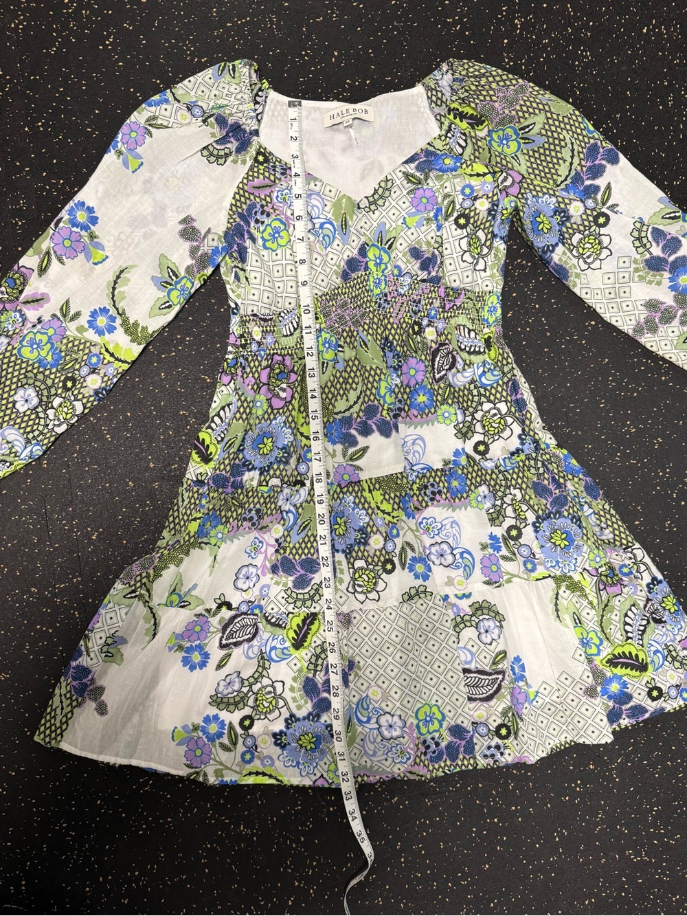 Hale Bob Floral V-Neck Long Sleeve Mini Dress in White, Blue & Green and Purple - Picture 5 of 5